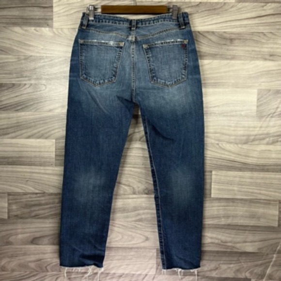 Mm Vintage Cropped Boyfriend Jeans Womens 26 Blue Distressed Frayed Hem Patches - Picture 5 of 12